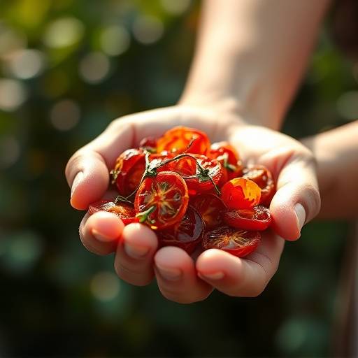 A hand holding a jar of sun-dried tomatoes in oil
