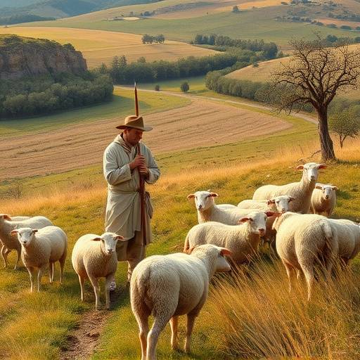 A shepherd in the Roman countryside tending to his flock of sheep