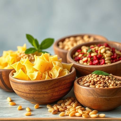 An assortment of various dried pasta shapes and grains in rustic bowls
