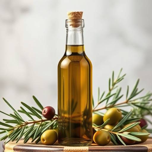 Bottle of extra virgin olive oil with olives and a sprig of rosemary