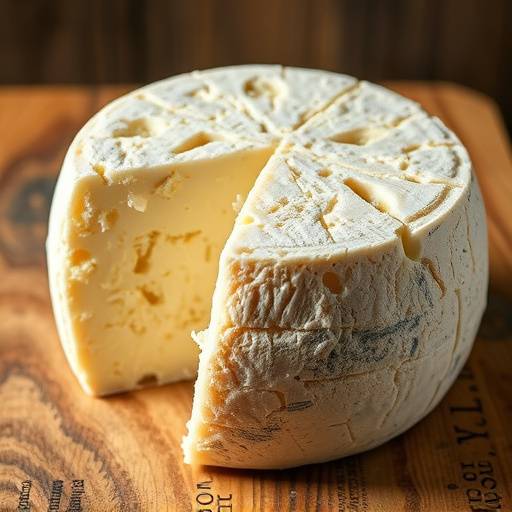 Close-up of a wheel of Pecorino Romano cheese with a rustic rind