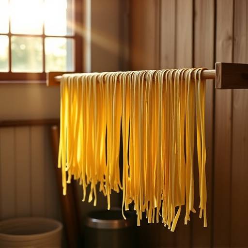 Close-up of fresh pasta drying on a wooden rack