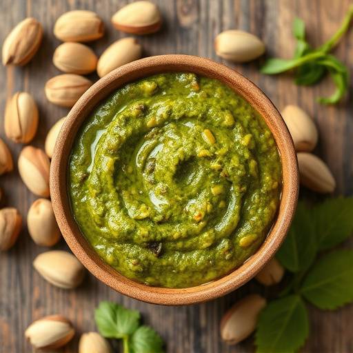 Jar of pistachio pesto with pistachios scattered around it