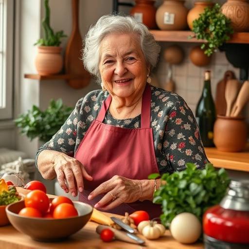 Nonna Emilia smiling in her kitchen, surrounded by fresh ingredients