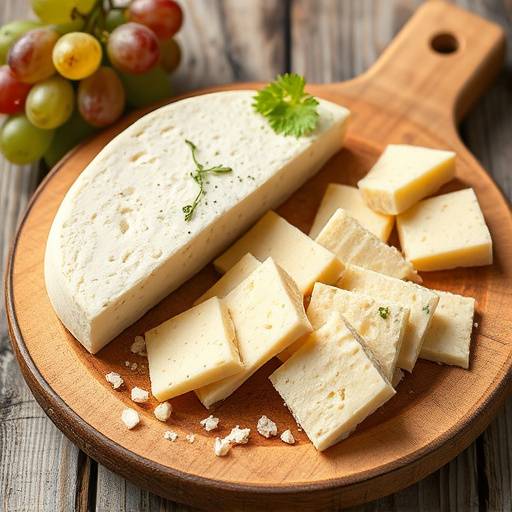 Slices of Pecorino Romano cheese on a wooden board with grapes and walnuts